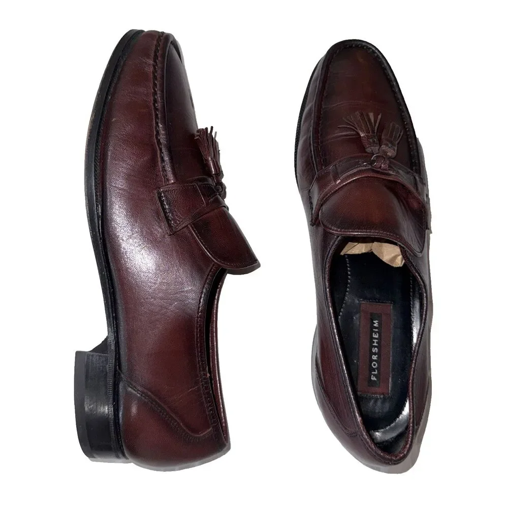 Florsheim Mens Burgundy Leather Kiltie Tassel Loafers Slip On Dress Shoes 9.5 D
